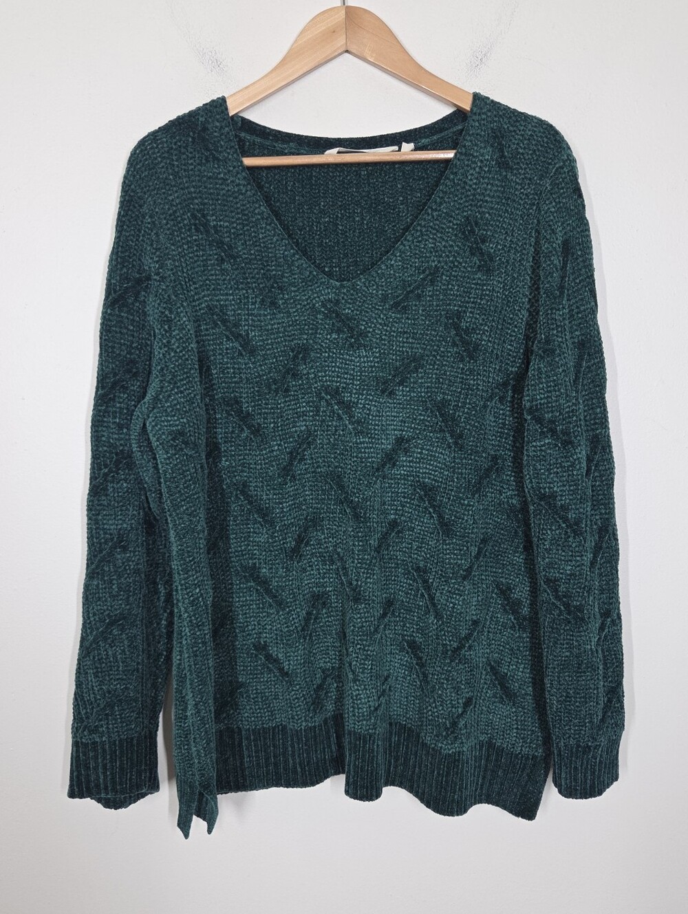 Soft Surroundings Emerald Green Chenille Cable Knit V-Neck Sweater Womens XL